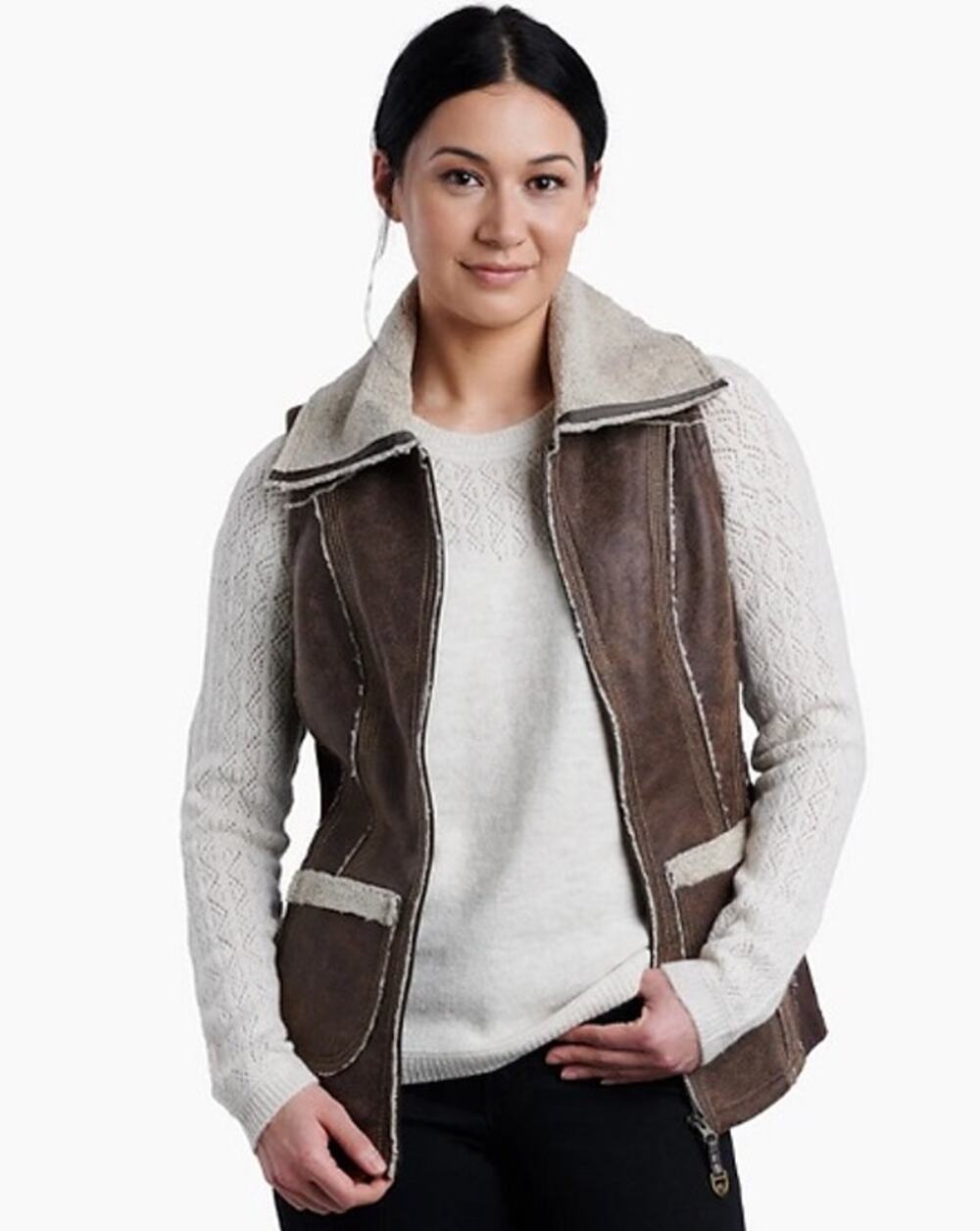 Kuhl Dani Faux Microsuede + Shearling Fleece Sherpa Vest w/ Wool Side Panels